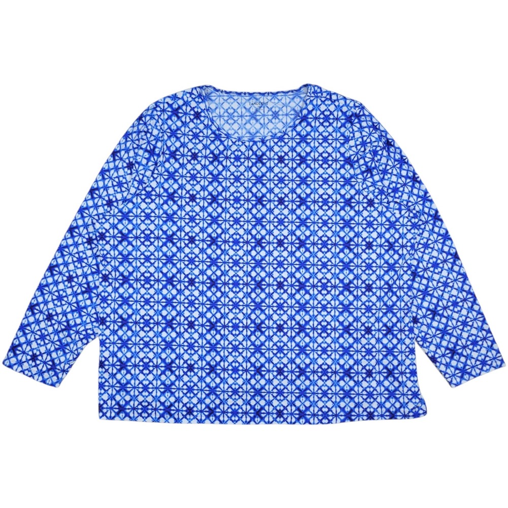 Lands End‎ Swim Tee Womens 3X Blue Geometric Long Sleeve Rash Guard UPF Coastal